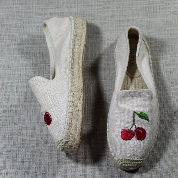 Soludos 7.5 Neutral Canvas Cherry Print Embroidered Platform Espadrilles Shoes - Picture 1 of 6